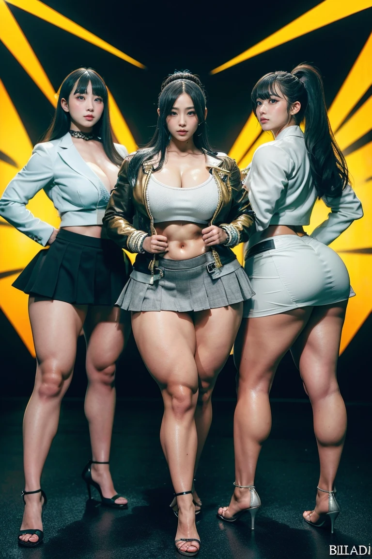 Ultra-high resolution, Realistic, Very detailed, Golden Ratio, Highest quality, Four people are standing full-body shot, (promotional photoshoot), (Are standing), Four people stand on the rooftop in high heels, (Four Beautiful female with Exemplary Figures), Beautiful Face, (Realisticな face), (biondeのショートカット:1.3), Korean bionde, bionde, long straight ponytail light black hair, hair band, Glare, Frowning, Drooling, Long Tongue, Verbal invitation, compensate, Frowning, Frowning, Surrealism, First Person View, First Person View, Wide-angle, Ultra-high resolution, Anatomically correct, Super detailed, 16K, (Four beautiful female standing side by side) (wide thighs), (Very sexy long legs),((body builder girl)), ((wide muscles)), ((sexy abdominal muscles)), (huge breasts),(very voluptuous body),(short grey skirt),(strapless jacket),(sexy smile),(back view)