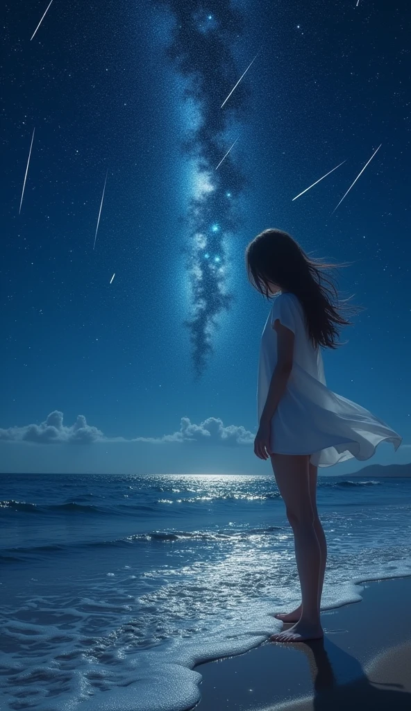 ((masterpiece, Highest quality)), At night, Light clothing, girl, Put one foot in the sea using only your toes, girl standing, girl sideways, between the horizon and the sea, Side view, Ripples spread from my toes, The scene is about 20 metres away., On the Sea, At night, the whole scene is shining, There is a meteor shower