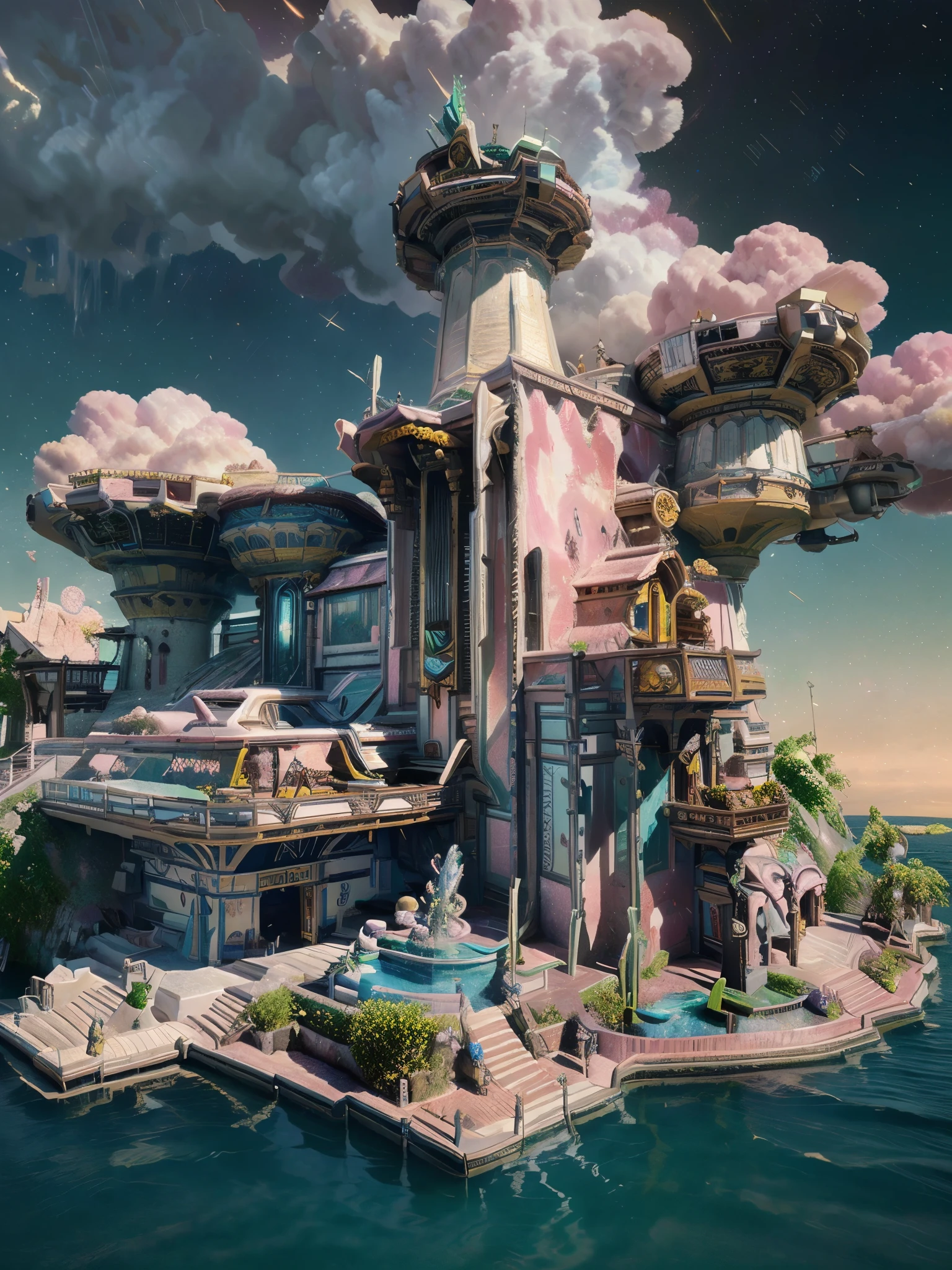 (8k, highest quality, masterpiece, final fantasy style: 1.2), (unRealistic, photoRealistic: 1.37), Dreamy landscape, Fantasy, Unsurreal landscapes, Super detailed, Flying Castle, Floating Island in the Sky, Seven-colored swirl of light, Intense lightning, milky way, Complex Light, Colored light, Large Lake, Starry sky reflected on the lake surface, Countless shining stars, Meteors,  Reflections , (A pillar of light emanated from the ground:1,2), (((roses and orchids gardens , bright day , pink clouds, waterfalls in the sky, realistic style, Hyperrealism drawing, a flying pirate spaceship floating above the  clouds)))) , burning skyscrapers, , timeless realms, stunning  princess  ,  casting spell, healing light magic effect, in a magical lagoon of the fairyland, crystal clear water surface reflections, sharp focus, looking at viewer, (close-up:0.9), (bright white theme:1.2), (bright white tone:1.2), (deep blue tone:1.3),((( realistic, Hyperrealism, vivid colours , landscapes , alien cyborgs , science fiction themes))), 