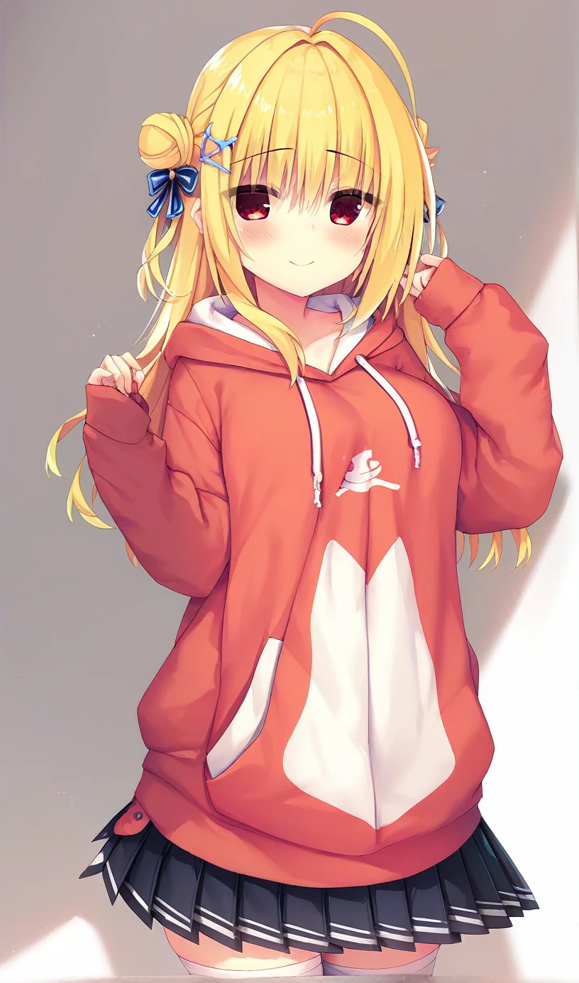 hiyori-default,red eyes,blonde hair, double bun,ahoge,bangs,(red_hoodie:1.3),(black_pleated_skirt:1.35),black_skirt,blush,skirt,breasts,eyebrows_visible_through_hair,blush,thighhighs,long_sleeves,thighs,hair_ornament,hairclip,medium_breasts,zettai_ryouiki,hood,hoodie,hood_down,sleeves_past_wrists,drawstring,red_hoodie,long_hair,smiling