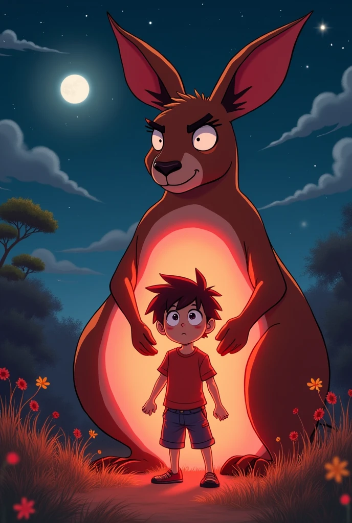 young adult boy is devoured, and ends up inside the belly of the queen kangaroo, and she gets scared. Anime style.