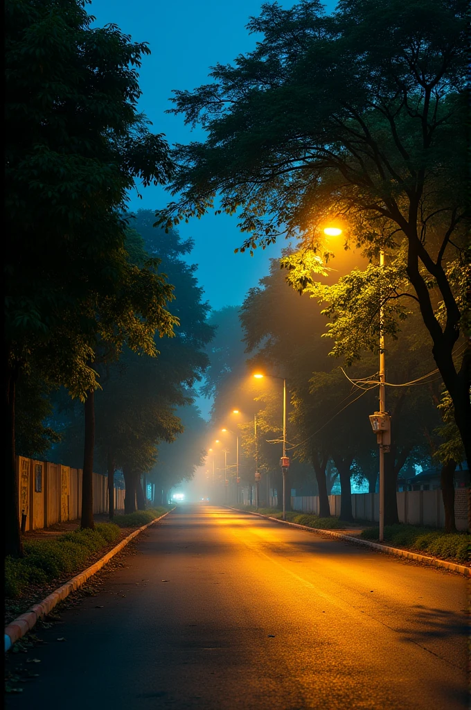 Here is the English translation:

"It's a picture of an Indian metropolis. The night has fallen deep, and the street lights are on, but the roads are completely deserted. Green trees are visible under the street lights. There is a sidewalk, but it is entirely empty.

Please create an image of this scene."