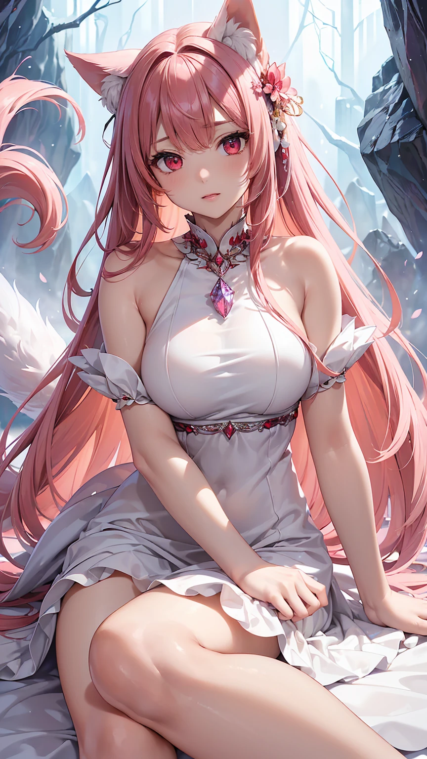 (masterpiece), (best quality), (high resolution), resolution, beautiful detailed eyes, highly detailed face, 1 kitsune girl, beautiful, beautiful red eyes, flat expression, (has a long tail), perfect body, (hair beautiful white) , (clothes covered beautiful pink dress), sitting on a big bed ((Beautiful crystal cave background in a fantasy world filled with soft feathers)),((perfect detailed background)).