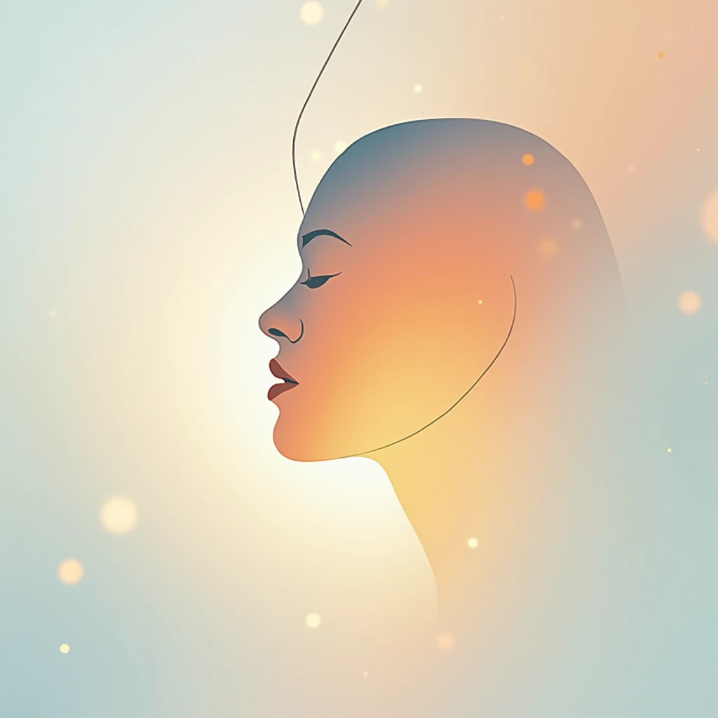 Minimalist abstract design, a single continuous line forming a face profile, the line's color gradually shifting from cool blues to warm oranges, set against a soft gradient background, subtle lens flare effect, clean and modern aesthetic, album cover composition, dreamy atmosphere