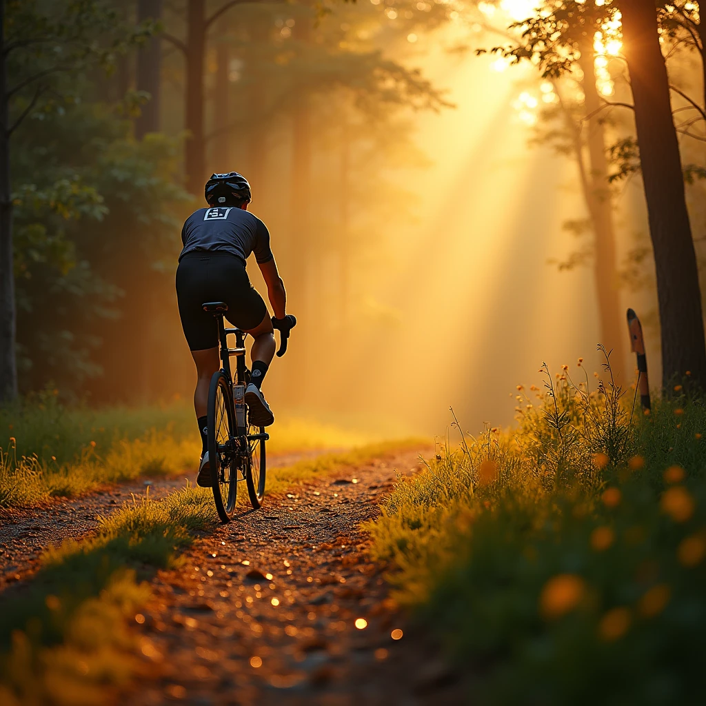 A rider embarks on an unknown journey, exploring undiscovered paths. Using an exploratory perspective to showcase the adventurous spirit of cyclists. Beautiful cinematic lighting, surreal, RAW photo, color graded, dynamic movement, captivating chiaroscuro, full body, award-winning, cinematic still, emotional, vignette, dynamic, vivid, (masterpiece, best quality, photorealistic, Professional, perfect composition, very aesthetic, absurdres, ultra-detailed, intricate details:1.3)