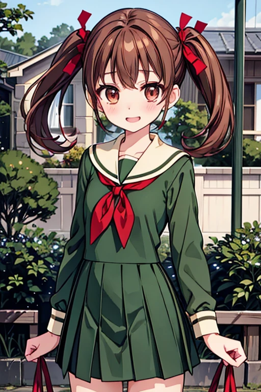 Yumi Fukuzawa、Shiny brown hair,Medium Hair, 、((Red ribbon , Twin tails、)),Beautiful brown eyes、Sparkling eyes, fine grain、smile、Very fine eye、Highly detailed face, Highly detailed eyes,Cowboy Shot、

 
  school uniform, Sailor collar, neckerchief, Green Shirt, Sailor shirt, Long sleeve, Green Skirt, Long skirt, 
  Lillian_Women's_School_uniform