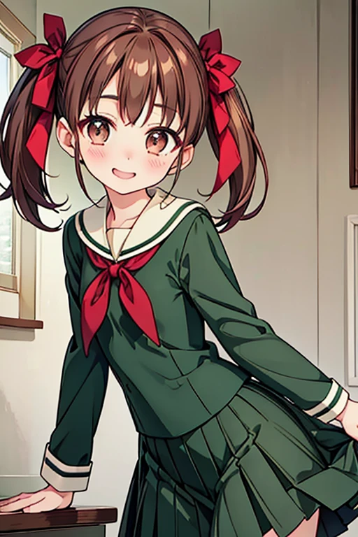 Yumi Fukuzawa、Shiny brown hair,Medium Hair, 、((Red ribbon , Twin tails、)),Beautiful brown eyes、Sparkling eyes, fine grain、smile、Very fine eye、Highly detailed face, Highly detailed eyes,Cowboy Shot、
school uniform, Sailor collar, neckerchief, Green Shirt, Sailor shirt, Long sleeve, Green Skirt, Long skirt,
Lillian_Women's_School_uniform