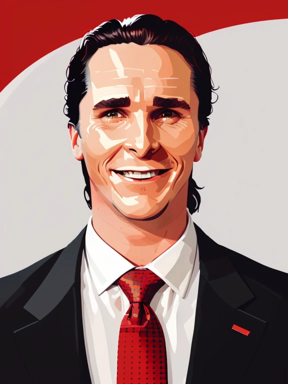 t-shirt designer, Patrick Bateman, in American Psycho (1 9 9 9), (Christian Bale), expression of happiness, joy, wearing a black suit and red tie, (white background), ( vector).(minimalism),(illustration).(front).
