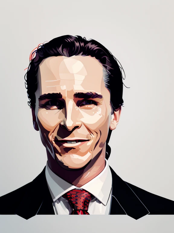 t-shirt designer, Patrick Bateman, in American Psycho (1 9 9 9), (Christian Bale), expression of happiness, joy, wearing a black suit and red tie, (white background), ( vector).(minimalism),(illustration).(front).
