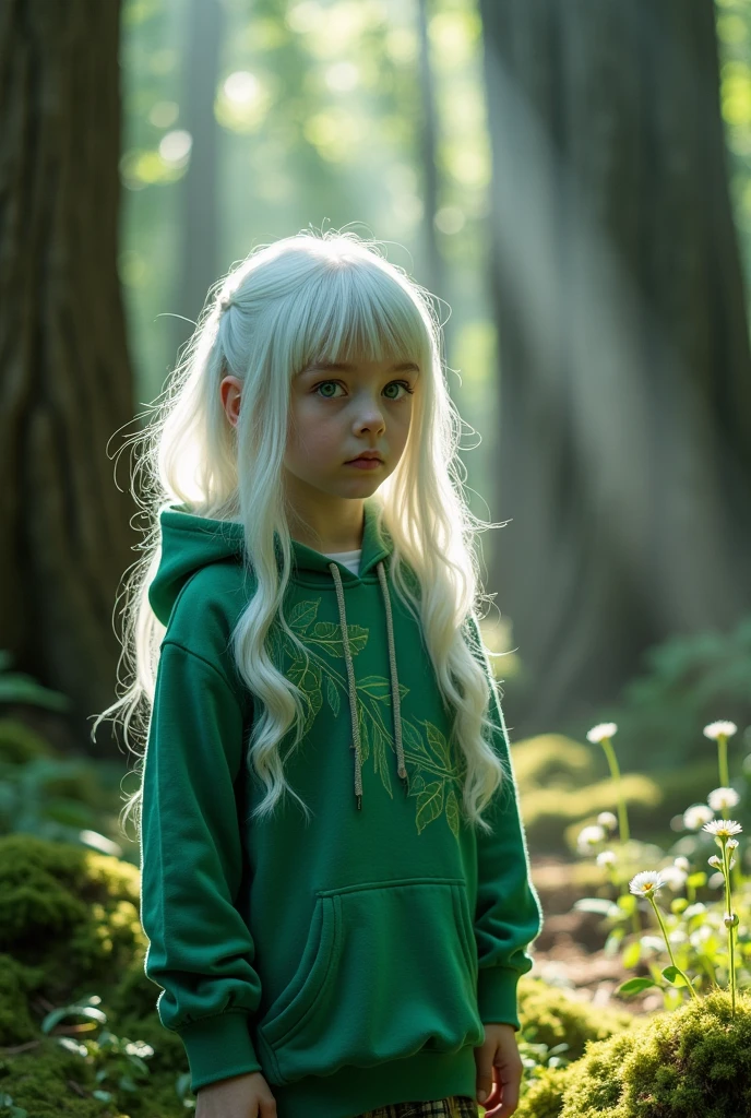 girl with white hair and skin, eyes without pupils wearing a green hoddie