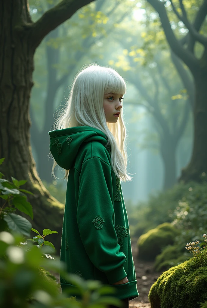 girl with white hair and skin, eyes without pupils wearing a green hoddie