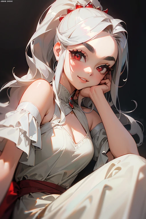 (Highest quality, masterpiece:1.2), High resolution, Very detailed, Realistic:1.37, Fantasy, An illustration,Gray Hair、 Red eyes、Queen, White Dress、Platinum decoration、beautifully、Eyeshadow Red、Thick eyebrows、Long eyelashes、pupils are black、shiny on the lips、Top Sites、Queen、Princess、ponytail、A kind smile、Show your teeth a little and smile、Soft impression、people々々々々々々々々Loved by、Slimming the face、Shoulder Bare、sexy、