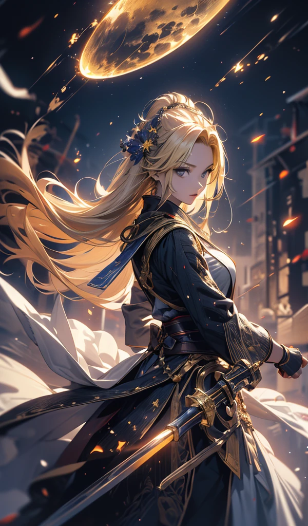 masterpiece, high quality, 4K, Beautiful design, silhouette，blonde， 非常に詳細な夜のStarry Sky,Flower Field，battlefield， wonderful, Finer details,  Very knowledgeable woman, Highly detailed solo, 1 female,Large and aggressive，Wizard，Night view，Starry Sky，full moon，