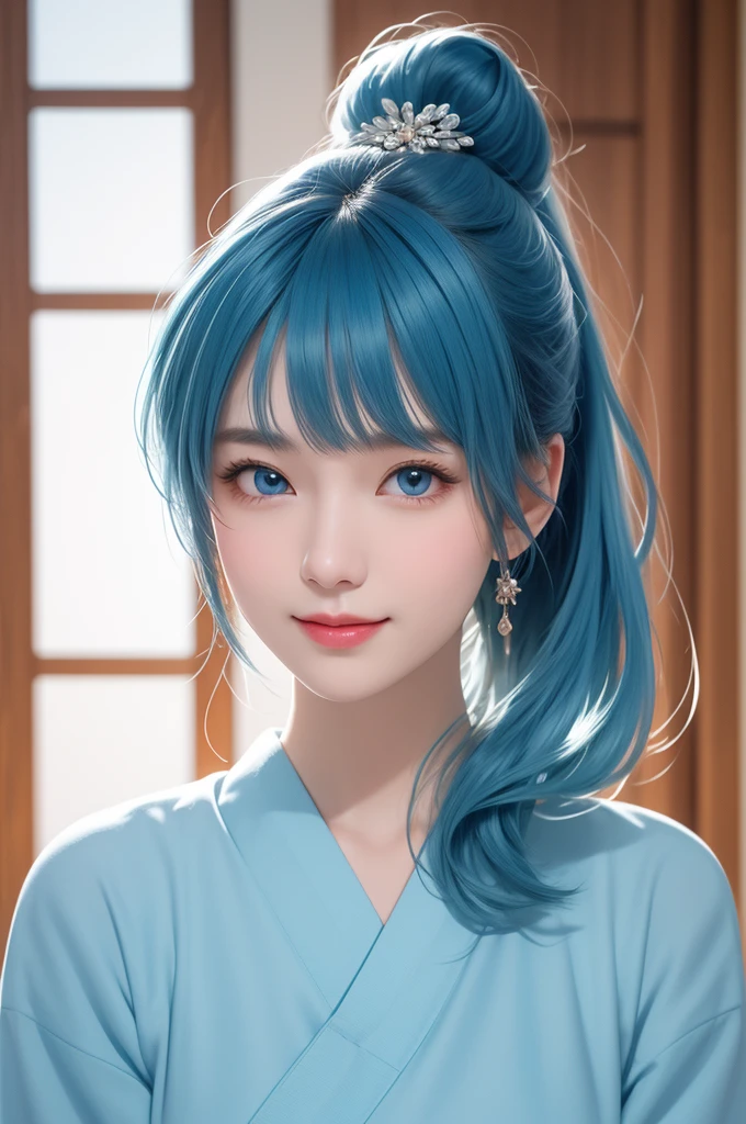 (masterpiece), (Highest quality), (Very detailedな),(Disheveled Hair),(shape), (One person), Japanese,10th Generation,Are standing, smile, Beautiful attention to detail, Bright Blue Eyes, Beautiful face in every detail, Focus on the face, ponytail,Full body,Sacred Forest,Light blue hair, Detailed Hair, bangs, Best lighting, Best Shadow, Very detailed, Vibrant