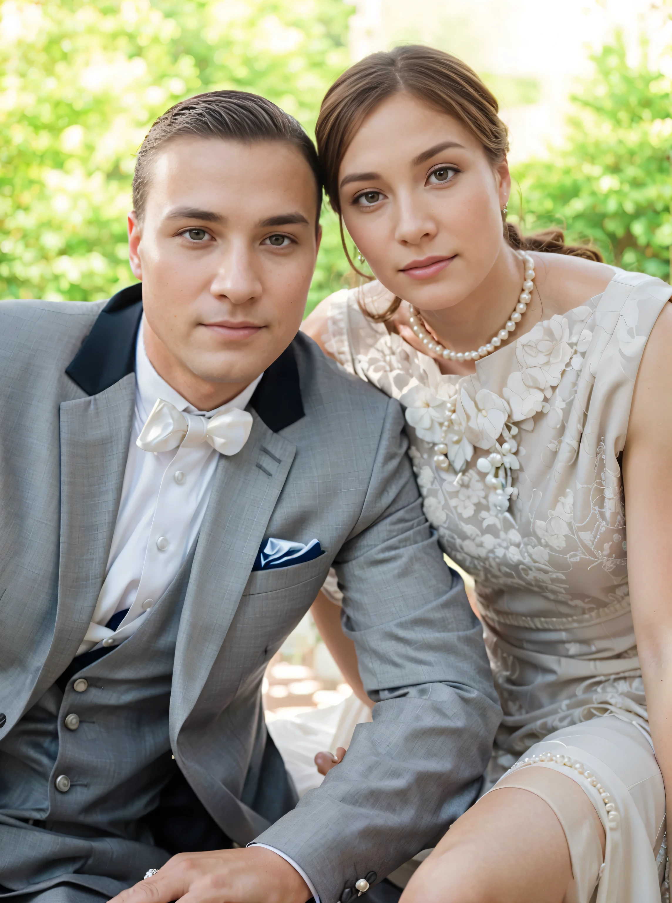 Wedding portrait on Canon. Man in a gray wedding suit, woman with brown hair in white wedding dress with pearls. realistic photo
