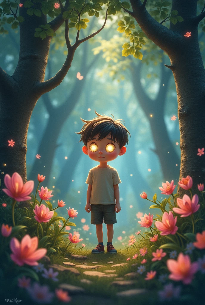 * Scene 2: Tara transforms into a human boy and lands in a magical garden. Prompt: A boy with starry eyes standing in a garden filled with glowing flowers and talking trees