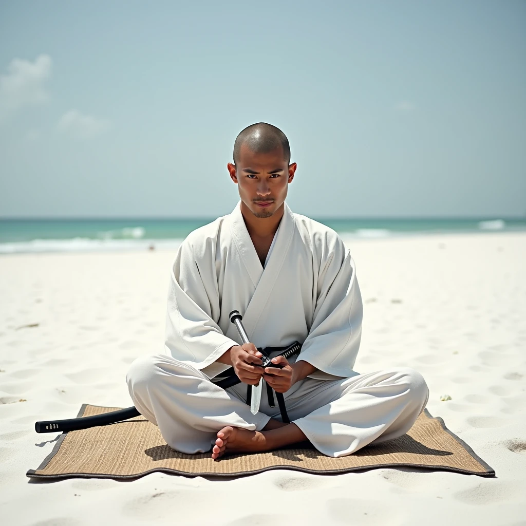 A japanese samurai sitting on a mat laid out on a white sandbar is about to pull his wakizashi out of its sheath in front of his face.
He is dressed in white, shaved head. front view,