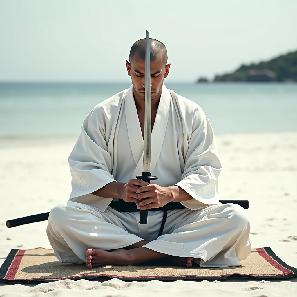 A japanese samurai sitting on a mat laid out on a white sandbar is about to pull his wakizashi out of its sheath in front of his face.
He is dressed in white, shaved head. front view,