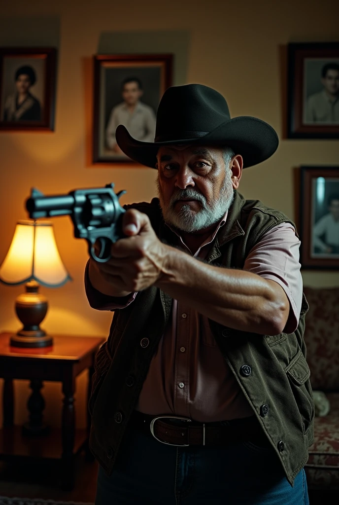 A chubby 77-year-old man dressed in cowboy style is observed carrying a weapon and firing inside his home in Tamaulipas.