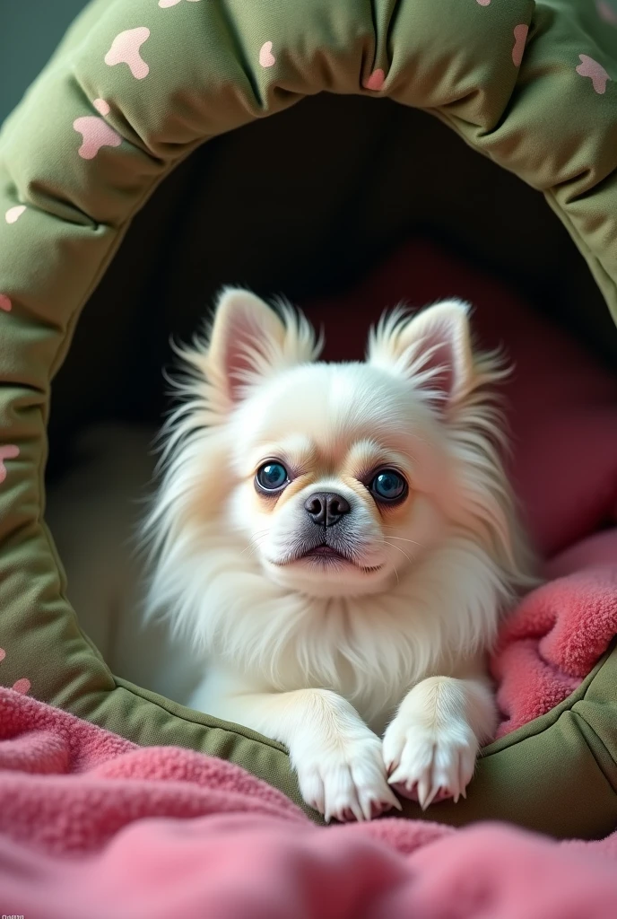A white dog
Breed: Albino Pekingese
Sex: Male
Eye color: Celestes
Legs: small chubby
Place: laying on his green cave-like bed with military prints
Next to: a pink human bed