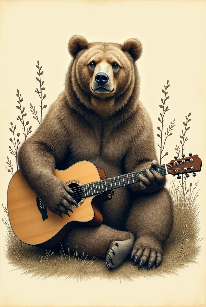 In a vintage etching and lithograph style、Please draw an illustration that uses fine lines and cross-hatching to express shadows.。A scene of a bear sitting with an acoustic guitar、Please depict the texture of a bear's fur or a guitar in a realistic and detailed manner.。Keep the background simple、Please make sure the bear and the guitar stand out.。