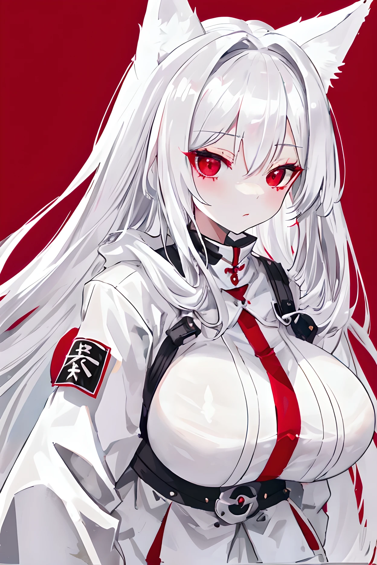 Silver hair, long hair, red eyes, cute face,sexy , G_CUP(HUGE_BREASTS) , White fox ears, nine white fox tails, There is a white fox mask on the top right of the head,white jacket