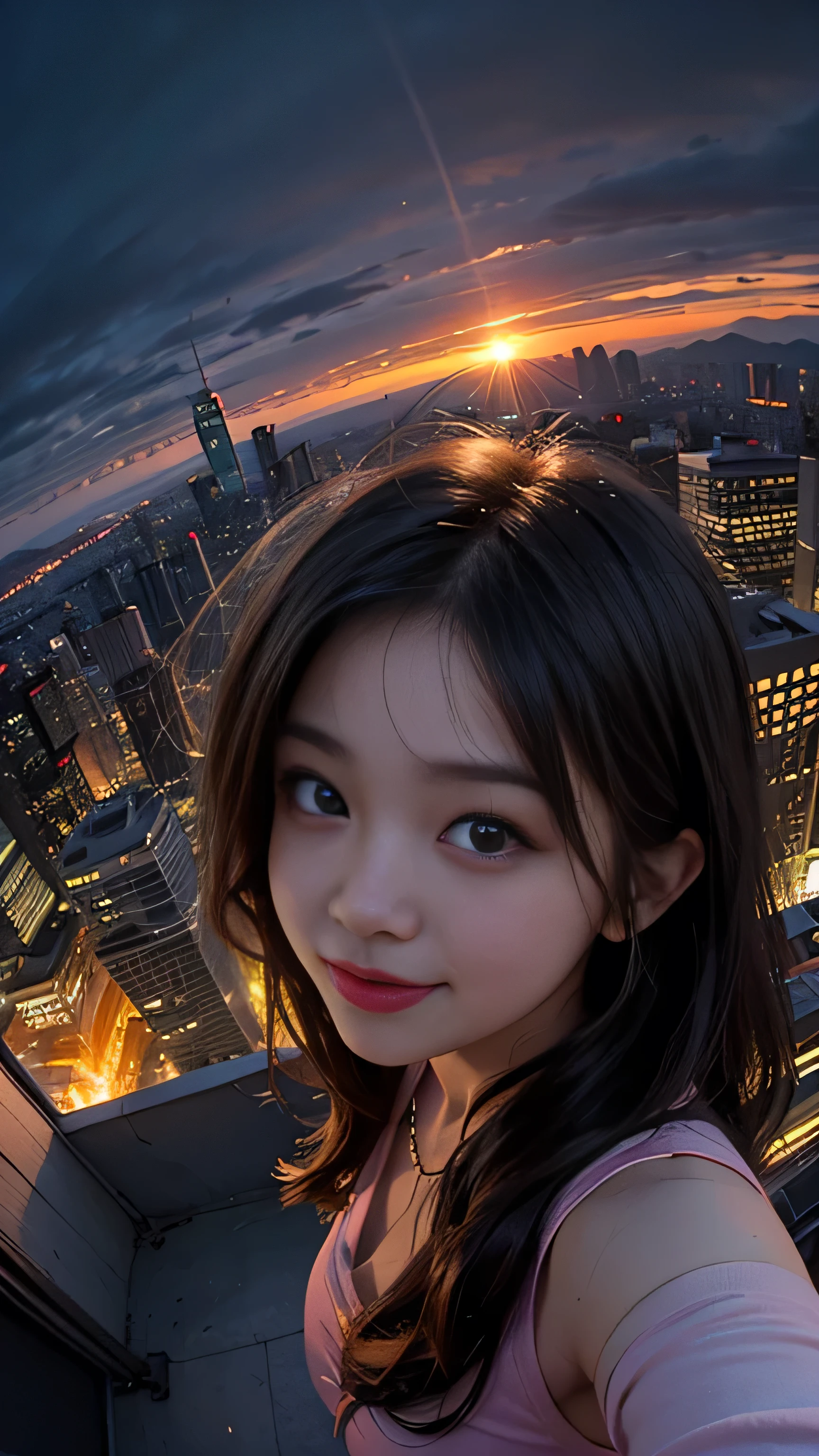 One girl, Korean, Fisheye Lens, Selfie, Wind, Messy Hair, sunset, Cityscape, (Aesthetics and atmosphere:1.2),smile