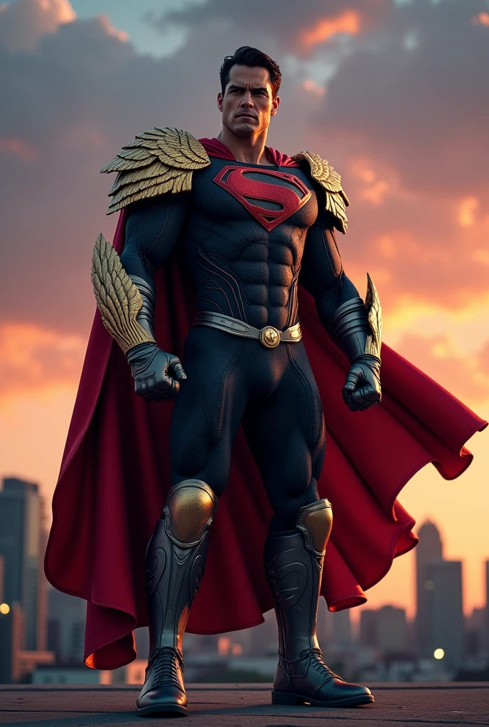 superhero in black costume with gray boots and gloves, cape with the flag of the United States of America and shoulder pads with golden eagles