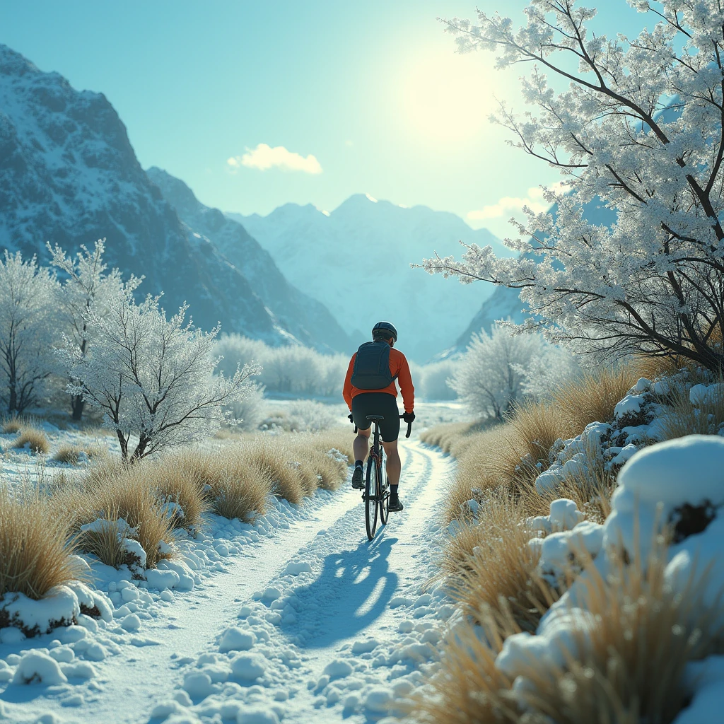 A cyclist rides in a scene of half winter and half summer, experiencing multiple seasons and highlighting the contrast of colors in different seasons. Beautiful cinematic lighting, surreal, RAW photo, color graded, dynamic movement, captivating chiaroscuro, full body, award-winning, cinematic still, emotional, vignette, dynamic, vivid, (masterpiece, best quality, photorealistic, Professional, perfect composition, very aesthetic, absurdres, ultra-detailed, intricate details:1.3)