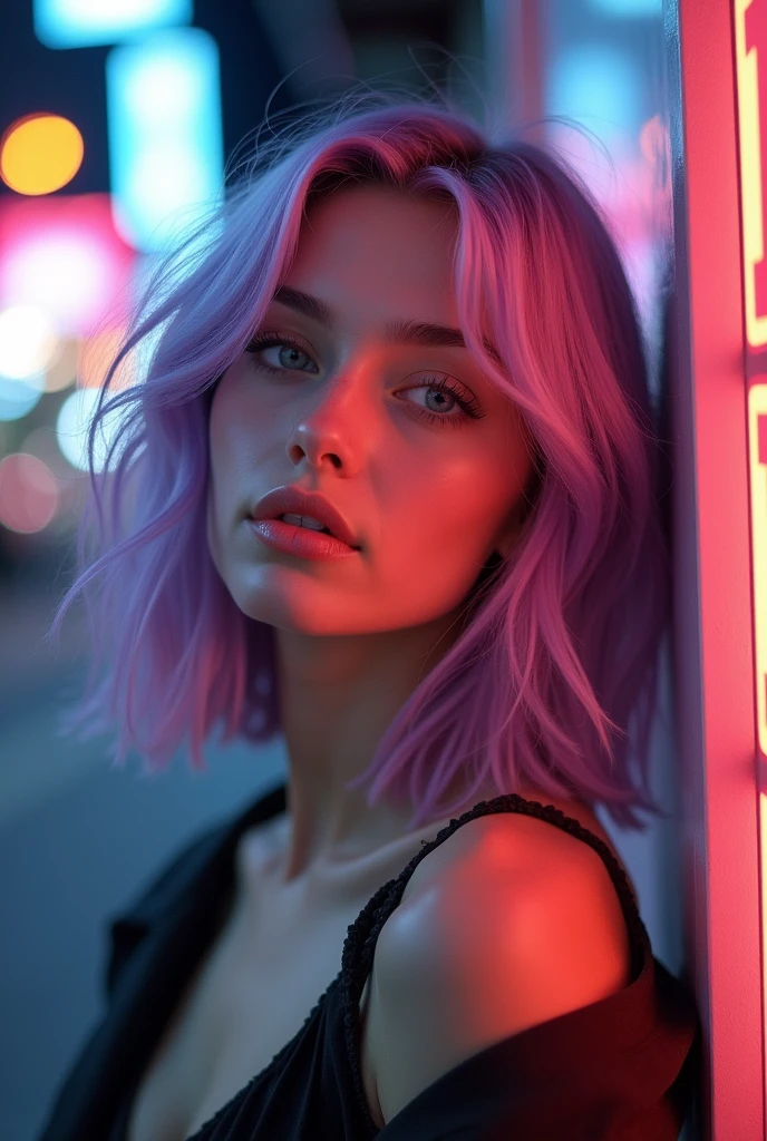 23 year old female model, shoulder-length light purple hair, blue colored eyes, photo realist 