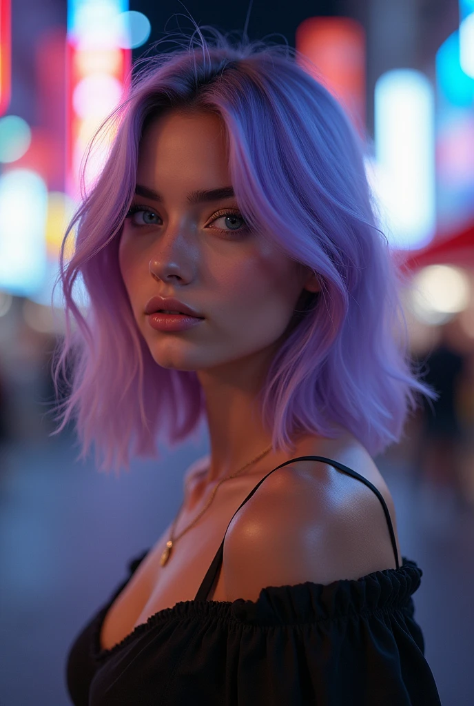 23 year old female model, shoulder-length light purple hair, blue colored eyes, photo realist