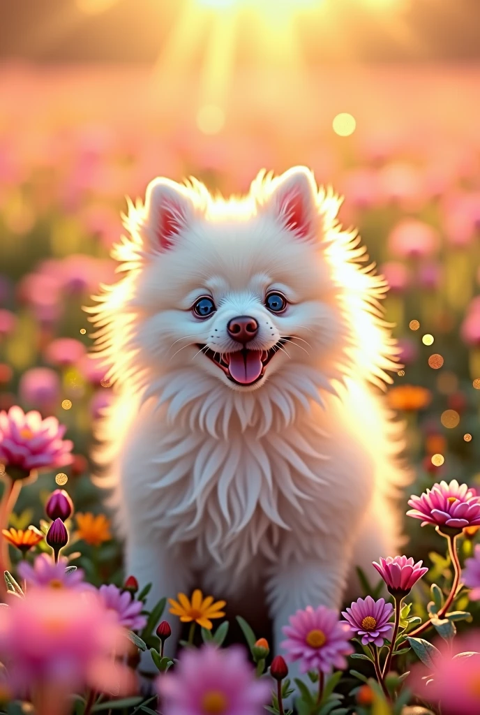 a cute smiling white pomeranian dog in a flower field, beautiful detailed blue eyes, smiling open mouth, sparkling glitter effects, cinematic lighting
