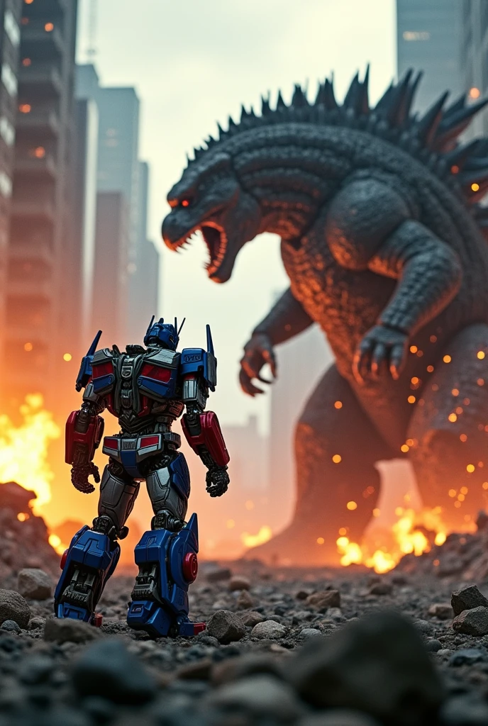 Optimus Prime,Godzilla they attack each other,Cinematic,--ar 16:9,mahakarya,Bokeh images,destroyed city,ada api