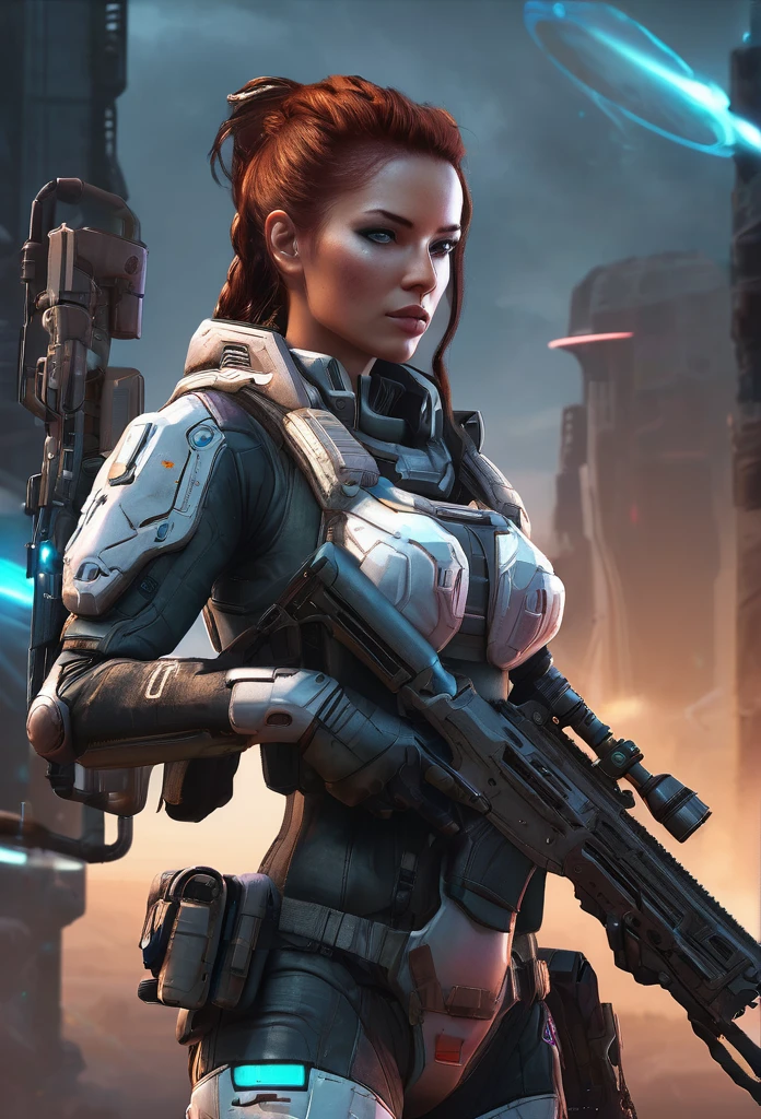 gearstorm girl (Lieutenant, Sarah Kerrigan, beautiful face, red brown hair, ponytail), wearing a white Terran Ghost psionic energy sniper gear with neon light, with rifle (C-10 Canister Rifle) aiming at viewer with cloudy sky in background, concept art inspired by Star Craft, cgsociety contest winner, fantasy art, of a sniper girl in war, high quality digital concept art, stealth ghost assault soldier girl, epic sci - fi character art, epic sci-fi character art, infantry girl, fps game concept art, detailed game art illustration, Inspired by Star craft,