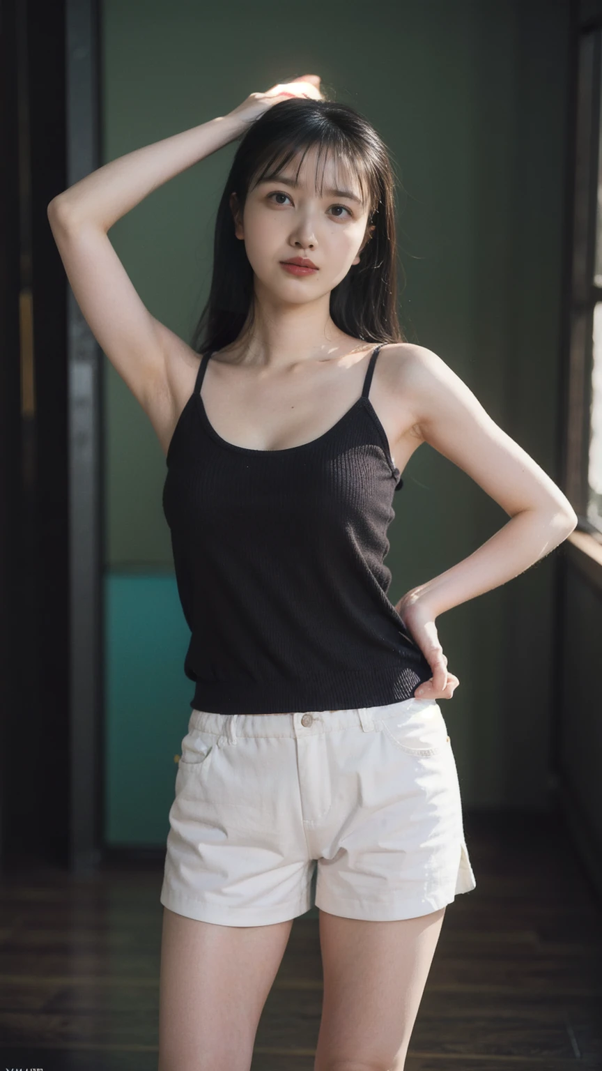 ((1girl)), woman, masterpiece, best quality, highest quality, cinematic lighting, (volumetric lighting), extremely detailed CG unity 8k wallpaper, focused, 8k wallpaper, extremely detailed, ultra realistic, photorealistic, sharp focus, absurdres, (HDR:1.2), (high contrast), photograph, detailed and intricate, instagram, portrait, highly detailed, digital painting, artstation, concept art, smooth, sharp focus, illustration, cinematic lighting, (big breast), (((skinny, slim legs))), (japanese idol posture), (knit strap tanktop, short pants, cleavage), looking at the viewer, ((arms up)), (Standing), ((Medium body shot, hip level shot)), long hair.