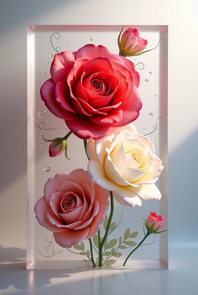 A resign flower art rectangle shape content 3 rose flower in it with with clear like glass
