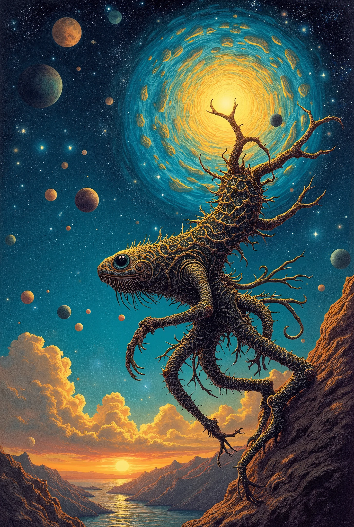 high quality, highly detailed, Imagine a dreamlike scene blending the swirling cosmic colors of Vincent van Gogh's Starry Night with the surreal celestial precision of Salvador Dalí. In this cosmic dance, celestial bodies echo Turner's atmospheric touch, blurring the line between reality and fantasy, In the foreground, a fantastical creature takes center stage, blending the whimsy of Hieronymus Bosch's beings with the organic flow of Alphonse Mucha's art nouveau lines. Elements of H.R. Giger's biomechanical aesthetic add an otherworldly touch, by yukisakura, awesome full color,