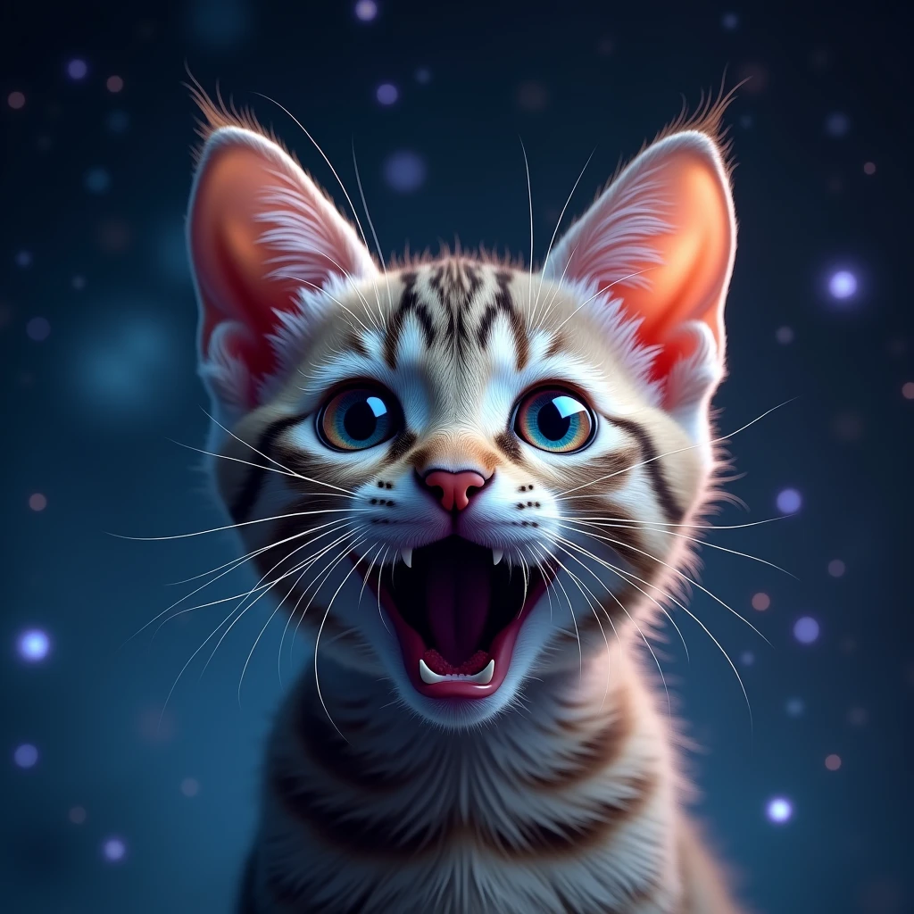 Close up of a scared cat, Space background (stars and galaxies shining beautifully), space cat, Great The quote "How nice!" on the screen is written in grande letters on the screen,