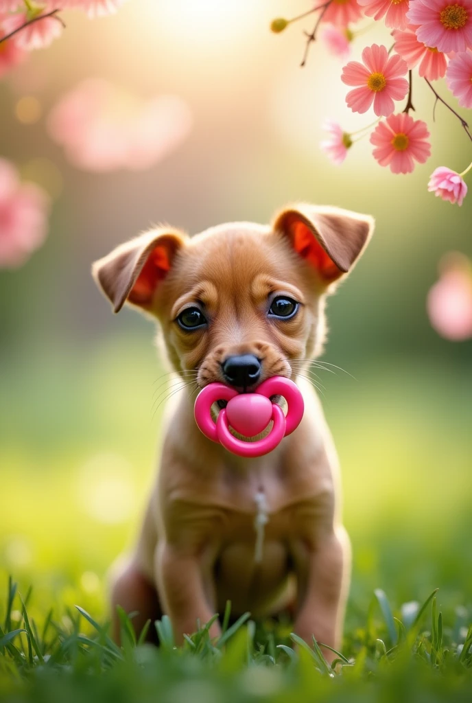 Pinscher puppy, small and thin with short light brown fur, using a pink pacifier. 