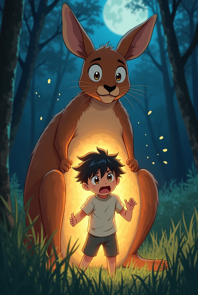 young adult boy is devoured, and ends up inside the belly of the queen kangaroo, and she gets scared. Anime style.