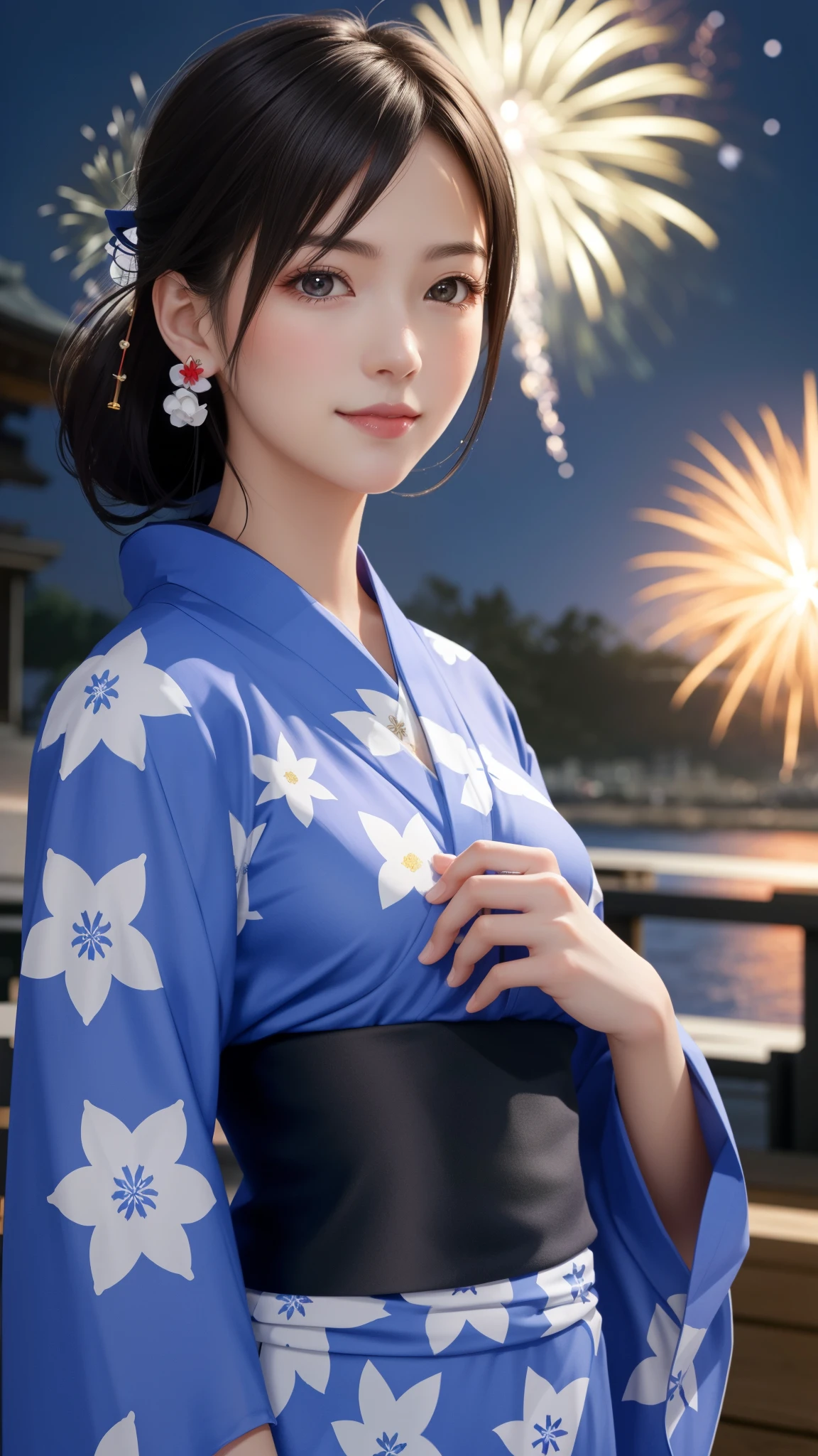 {Top Quality, Masterpiece}, (Realistic: 1.3), Wallpapers, ultra high res, ultra high quality, BREAK {{{FF7, Tifa_lockhart, solo}}},(ponytail), Ultra-detailed face, Detailed eyes, Red eyes, (black brown hair, Large breasts: 1.0), (she is wearing a cute yukata:1.8), About 18 years old, {{{erotic face ,erotic mouth, erotic eyes}}}, model pose:1.2, blush, shy ,smile, BREAK (Fireworks:1.1,evening:1.5),