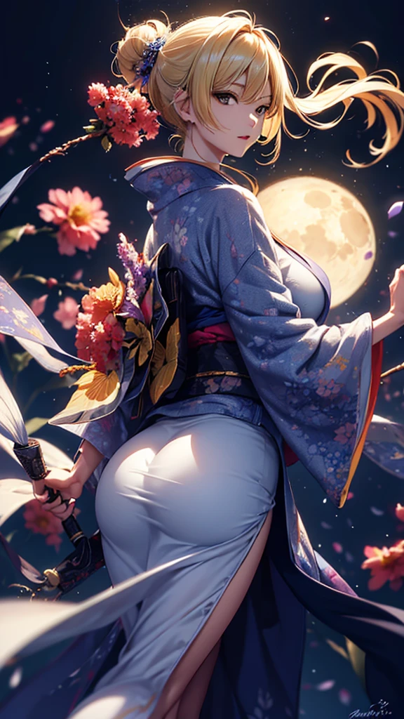 masterpiece, high quality, 4K, Beautiful design, silhouette,blonde, 非常に詳細な夜のStarry Sky,Flower Field, wonderful, Finer details, Very knowledgeable woman, Highly detailed solo, 1 female,Big Breasts,Big Ass,Underwear Line,Yukata in white color,Night view,Starry Sky,full moon,