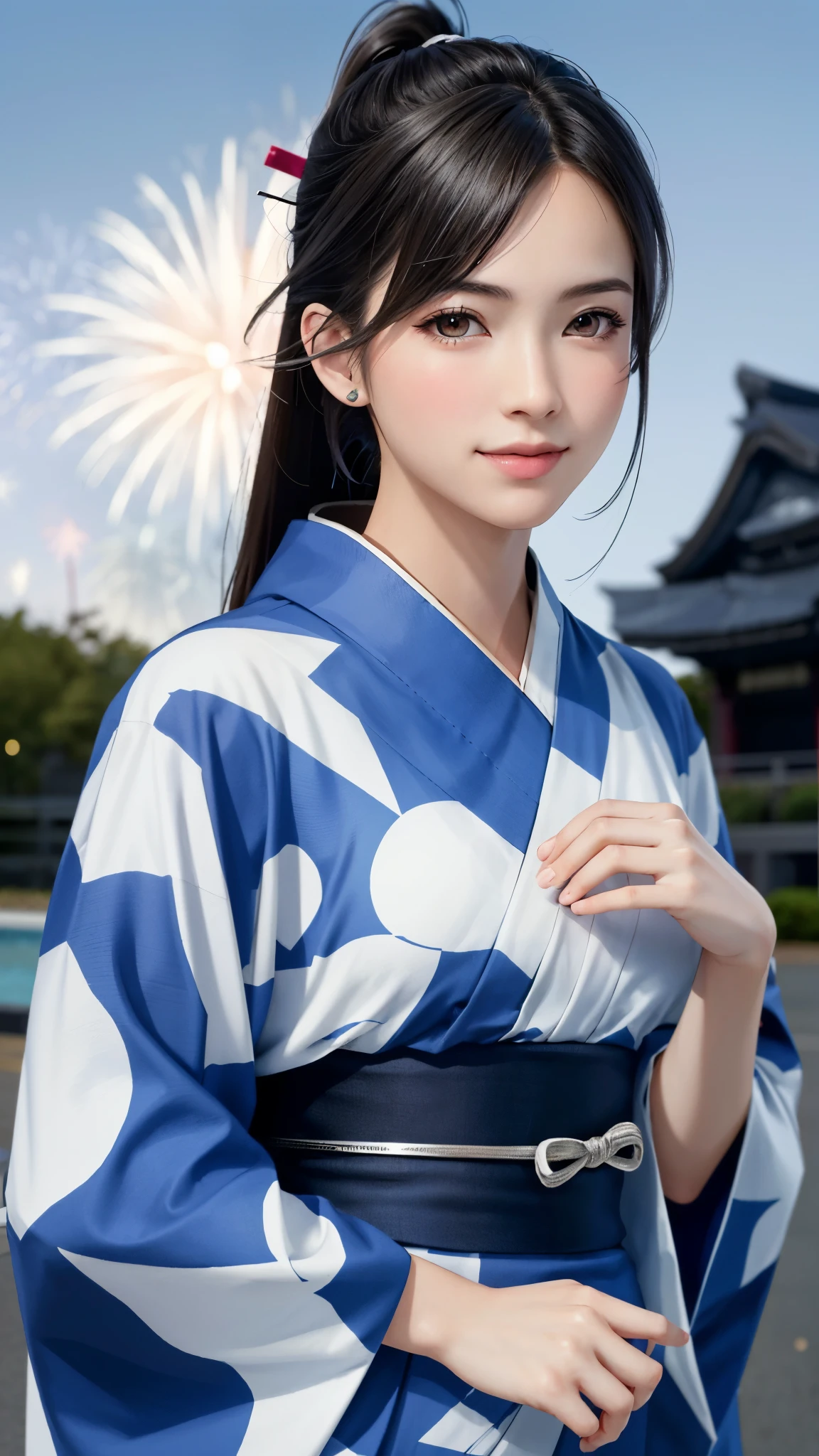 {Top Quality, Masterpiece}, (Realistic: 1.3), Wallpapers, ultra high res, ultra high quality, BREAK {{{FF7, Tifa_lockhart, solo}}},(ponytail), Ultra-detailed face, Detailed eyes, Red eyes, (black brown hair, Large breasts: 1.0), (she is wearing a beautiful yukata:1.8), About 18 years old, {{{erotic face ,erotic mouth, erotic eyes}}}, model pose:1.2, blush, shy ,smile, BREAK (Fireworks:1.1,evening:1.5), 