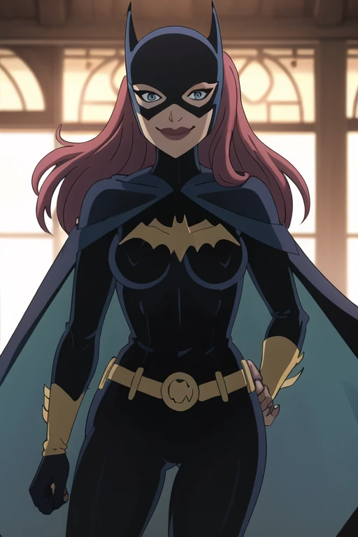 BarbaraG, 1girl, solo, long blue cape, big cape, blue mask, belt, gloves, blue eyes, superhero, long hair, bodysuit, lipstick, batgirl, park, smile,