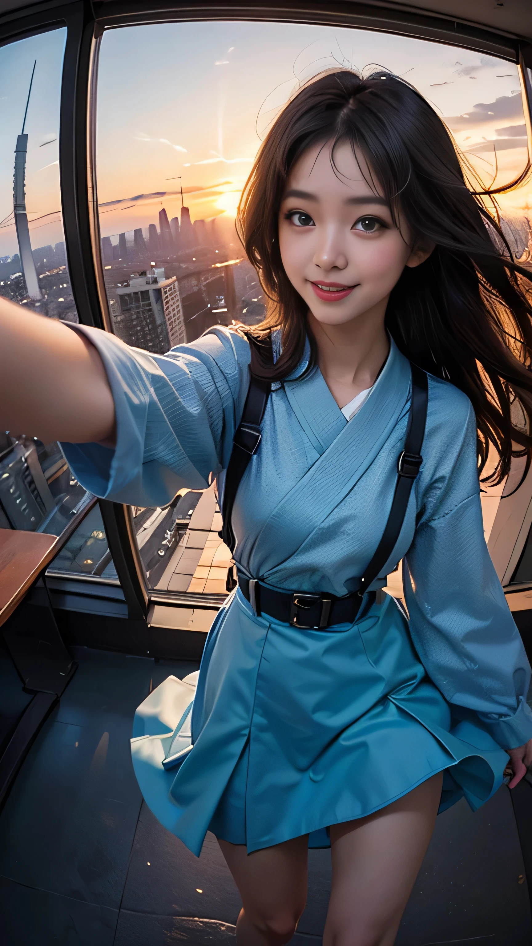 One girl, Korean, Fisheye Lens, Selfie, Wind, Messy Hair, sunset, Cityscape, (Aesthetics and atmosphere:1.2),smile