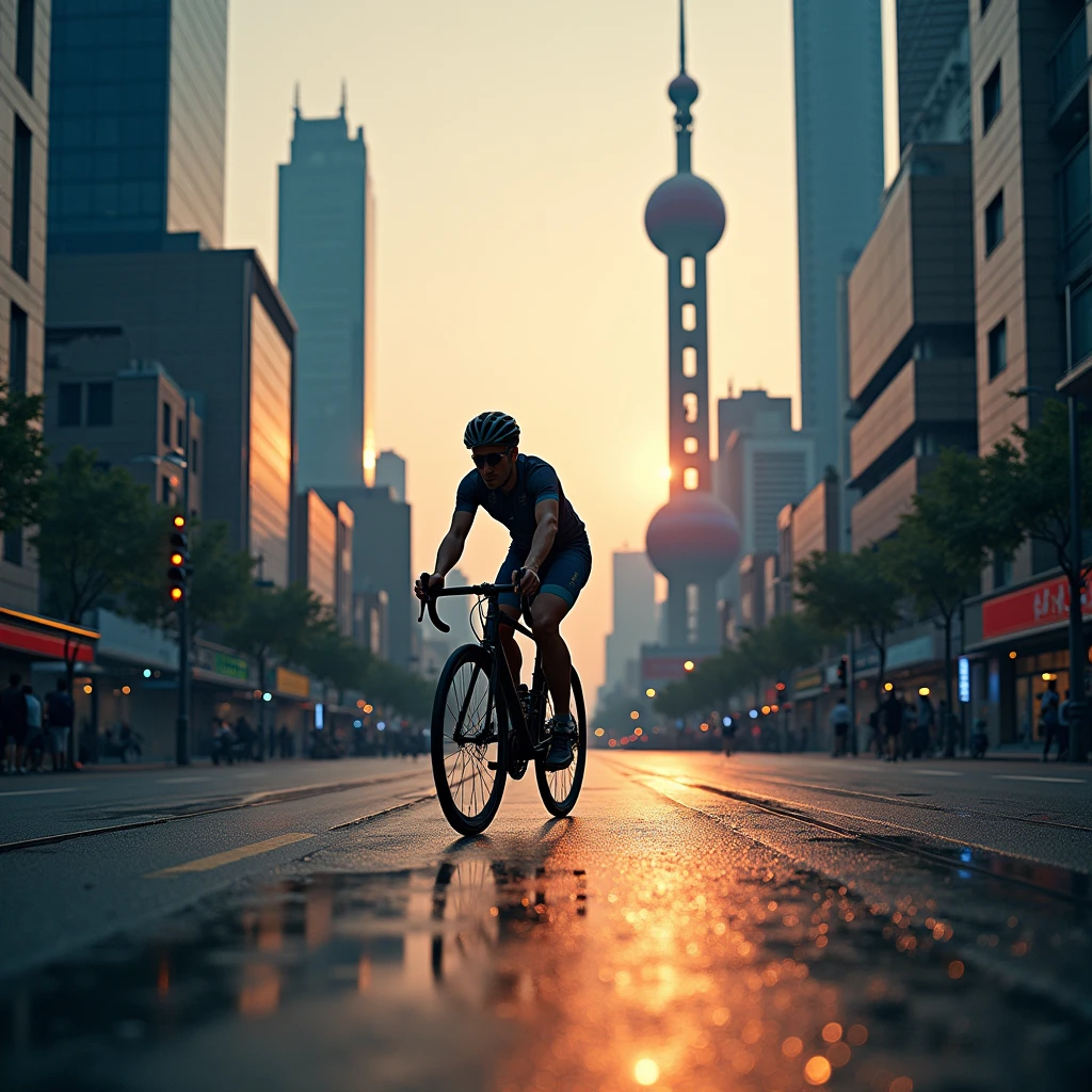 A cyclist walks through the city, with Shanghai characteristic building and cultural landmarks in the background. Using urban landscapes as backgrounds to showcase the integration of cycling and urban life. Beautiful cinematic lighting, surreal, RAW photo, color graded, dynamic movement, captivating chiaroscuro, full body, award-winning, cinematic still, emotional, vignette, dynamic, vivid, (masterpiece, best quality, photorealistic, Professional, perfect composition, very aesthetic, absurdres, ultra-detailed, intricate details:1.3)