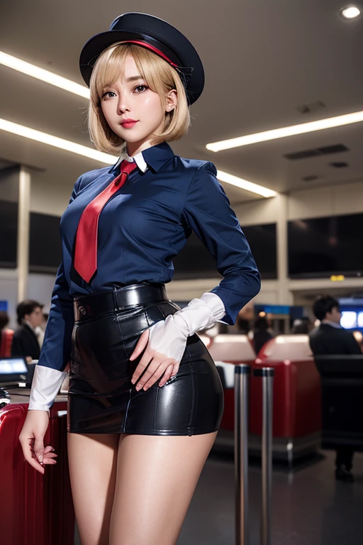 Highest quality,Ultra HD,(((whole body,with legs)))、(((Japanese flight attendant uniform 1.6))), (((Red striped tie, Tight Skirt,best-dressed uniform、Tekast, white formal short gloves,(黒のHigh heels), ((holding a mini microphone)),Japan CA,A small smile,白いTight blouse)))、((navy bowler hat 1.4)), White gloves, High heels、(Realistic:1.4)、(Surreal:1.4)、(Realistic:1.3)、 (Gentle lighting: 1.05)、32K、 One Woman、35-year-old woman、Realistic Lighting、Backlight、Facial Light、Ray Tracing、(bright:1.2)、(Improvement of quality:1.4)、 (Highest qualityのリアルテクスチャスキン)、Beautiful Eyes,delicate and elegant features, White blouse,Tight blouse,tight best-dressed uniform, (Show your body line beautifully:1.1),((Glowing Skin 1.4))、((Blonde short bob 1.5)),Korean Idol、Idol Pose、A small smile,blush,Beautiful actress、A proper woman,whole body, (((Small breasts))),(Perfect teeth alignment),narrow waist and hips,Beautiful feet,Full Shot)、(((charm、Embarrassing))),(eye shadow),((Red cheeks、Red lips)),Very beautiful night view、At night,A small smile,(((Full Shot)))、(((airport terminal background 1.5))),
