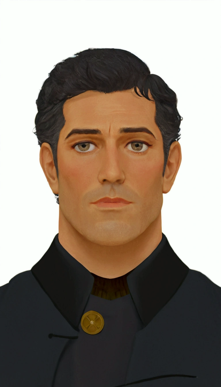a close up of a handsome middle-aged man with a black shirt paired in coat, dark grey haired man, closeup character portrait, character portrait closeup, detailed character portrait, character close up, close up character, a character portrait, generic male npc face, highley detailled face, upper body avatar, male character, David Gandy Jaw and dimples, Oscar Isaac eyes, Rufus Sewell mouth, character close-up, highly_detailed_face!!!