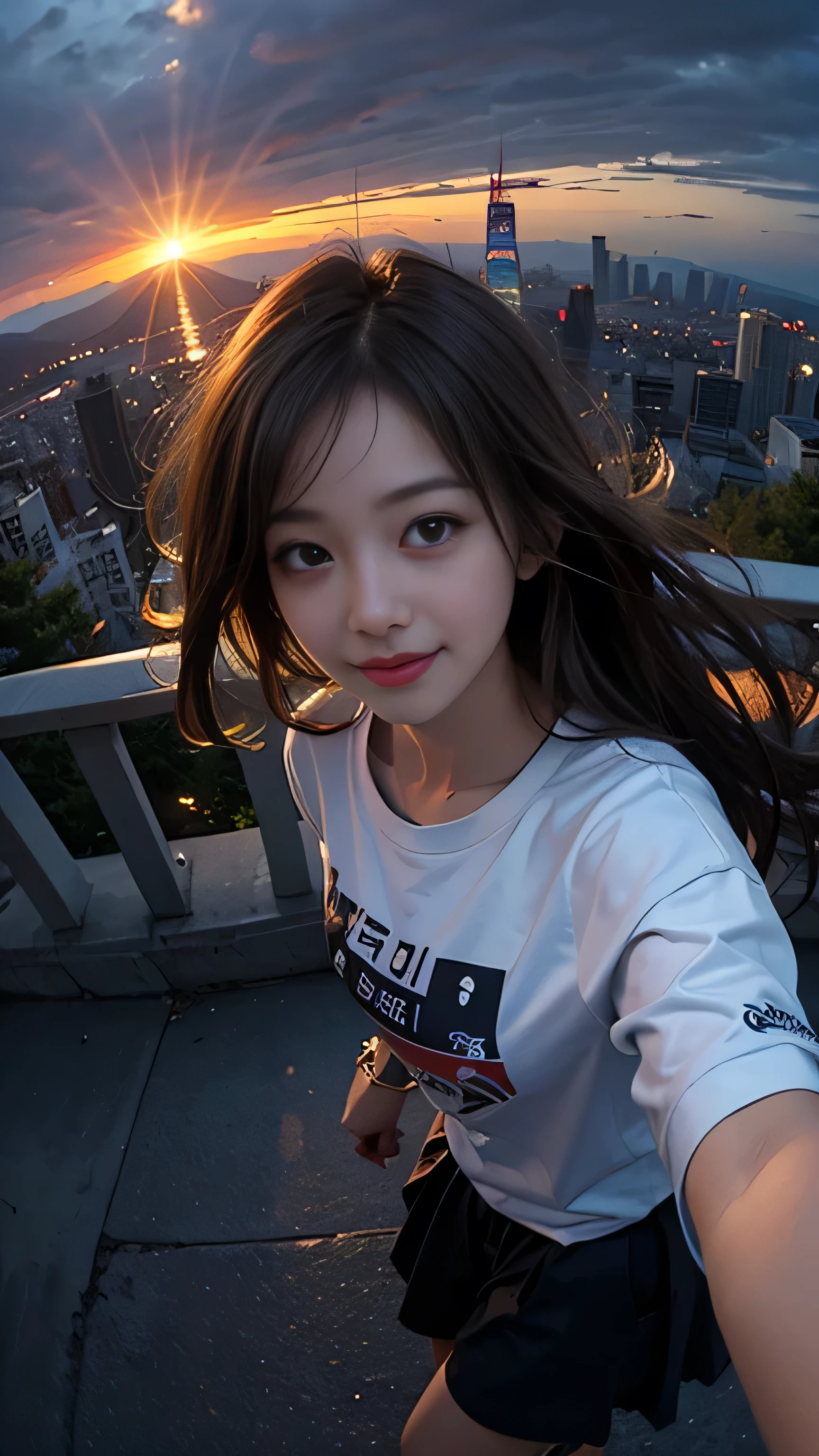 One girl, Korean, Fisheye Lens, Selfie, Wind, Messy Hair, sunset, Cityscape, (Aesthetics and atmosphere:1.2),smile