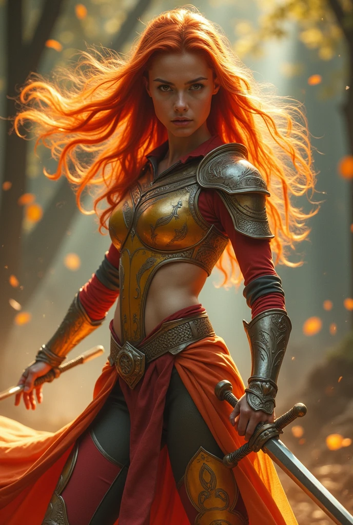 Beautiful sexy red haired young woman warrior in fight, light armor, action scene, volumetric light, masterpiece 